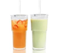 ZkateTrade Lot de 2 gobelets en verre côtelés de 600 ml avec couvercle et paille, gobelets à smoothie en verre, design hermétique et étanche, idéal comme café, jus, thé