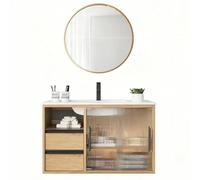 ZKBDBWTR Ensemble Meuble sous Lavabo Moderne avec Vasque en Céramique Intégrée, Miroir Rond Doré, Meuble Vasque et Deux Tiroirs de 100 cm, Vasques pour Salles de Bains