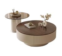 ZKBDBWTR Table Basse Ronde Moderne, Ensemble de 2 Tables D'appoint Minimalistes du Milieu du Siècle, Plateau en Verre avec Rangement Dissimulé pour Salon et Bureau(Beige)