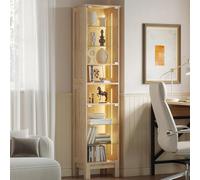 ZKIODV 180cm Vitrine LED, Armoire Vitrine Moderne avec Porte en Verre Trempé, 8 Étagères de Rangement Dont Réglables, Éclairage LED 3 Couleurs, Meuble Vitrine Étroit pour Salon, Bureau (Chêne)