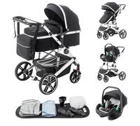 Zkipm Poussette 3 en 1 avec Siège, Poussette Combinée Portable Pliant en Un Clic, Réversible, Inclinable，Moustiquaires, Housses de Pluie, Porte-gobelets, Sacs, Tapis frais, 0 à 4 Ans(22kg)