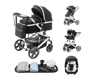 Zkipm Poussette 3 en 1 avec Siège, Poussette Combinée Portable Pliant en Un Clic, Réversible, Inclinable，Moustiquaires, Housses de Pluie, Porte-gobelets, Sacs, Tapis frais, 0 à 4 Ans(22kg)