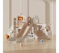 Zkiprm 5 en 1 Versatile Toboggan Bebe, Toboggan Exterieur Enfant, Toboggan Interieur Enfant, Toboggan Extra Long 200CM, Cadres de Basket-Ball, Buts de Football, Mini-Bus, Escaliers (Khaki)