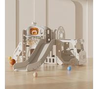 Zkiprm 5 en 1 Versatile Toboggan Interieur and Exterieur - 200CM Extra Long with Basket-Ball, Buts de Football, Mini-Bus, Escaliers (Gray)