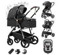 Zkiprm Cuir Poussette 3 en 1, Système de Voyage 3-en-1 Avec Siège Auto, Avec Habillage Pluie, Châssis Aluminium, Landau de ville pliable d'une seule main pour enfants 0-4 ans, Noir
