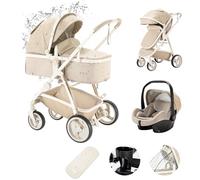 Zkiprm Cuirs Poussette 3 en 1, Poussette Avec Siège Auto, Poussettes de ville à châssis en aluminium, Pliable d'une seule main, Roues Absorbant Les Chocs, Pram pour les enfants de 0 à 4 ans