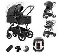 Zkiprm Poussette 3 en 1, Poussette de Ville Avec Siège Auto,Cuir Pliable d'un Seul Geste Avec Habillage Pluie et Châssis en Aluminium Pour 0-4 Ans, Noir