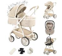 Zkiprm Poussette 3 en 1, Poussette de Ville Avec Siège Auto, Poussette en Cuir Pliable d'un Seul Geste Avec Habillage Pluie et Châssis en Aluminium Pour 0-4 Ans, Khaki