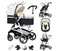 Zkiprm Poussette 3 en 1, Poussette de Ville Avec Siège Auto, Poussette en Cuir Pliable d'un Seul Geste Avec Habillage Pluie et Châssis en Aluminium Pour 0-4 Ans, Blanc
