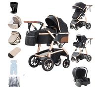 Zkiprm Poussette 3 en 1 Poussette de Ville Avec Siège D'auto Poussettes et Landaus Poussette Compacte Portative Accoudoirs réglables Protection contre les chocs Cadre en Aluminium Noir