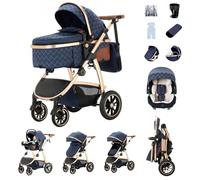 Zkiprm Poussette 3 en 1, Système de Voyage Avec Siège Auto, Landau Accoudoirs réglables, Habillage pluie, Moustiquaire, Châssis aluminium, Landau urbain pour enfants 0-4 ans Bleu