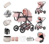 Zkiprm Poussette 3-en-1, Système de Voyage Avec Siège Auto, Landau et nacelle, Accoudoirs Réglables, Habillage pluie, Gant, Moustiquaire, Châssis en aluminium, Landau à profil haut pour 0-4 ans,Rose