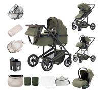 Zkiprm Poussette 3-en-1, Système de Voyage Avec Siège Auto, Landau et nacelle, Accoudoirs Réglables, Habillage pluie, Moustiquaire, Gant,Châssis en aluminium, Landau à profil haut pour 0-4 ans, Vert