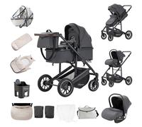 Zkiprm Poussette 3-en-1, Système de Voyage Avec Siège Auto, Landau et nacelle, Accoudoirs Réglables, Habillage pluie, Moustiquaire, Châssis en aluminium, Landau à profil haut pour 0-4 ans, Gris foncé