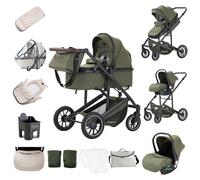 Zkiprm Poussette 3-en-1, Système de Voyage Avec Siège Auto, Landau et nacelle, Accoudoirs Réglables, Habillage pluie, Moustiquaire, Gant,Châssis en aluminium, Landau à profil haut pour 0-4 ans, Vert