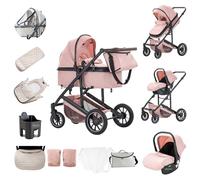 Zkiprm Poussette 3-en-1, Système de Voyage Avec Siège Auto, Landau et nacelle, Accoudoirs Réglables, Habillage pluie, Gant, Moustiquaire, Châssis en aluminium, Landau à profil haut pour 0-4 ans,Rose