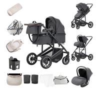 Zkiprm Poussette 3-en-1, Système de Voyage Avec Siège Auto, Landau et nacelle, Accoudoirs Réglables, Habillage pluie,Gant, Moustiquaire, Châssis en aluminium, Landau à profil haut pour 0-4 ans, Gris