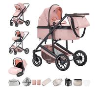 Zkiprm Poussette 3-en-1, Système de Voyage Avec Siège Auto, Landau et nacelle, Accoudoirs Réglables, Habillage pluie, Gant, Moustiquaire, Châssis en aluminium, Landau à profil haut pour 0-4 ans,Rose
