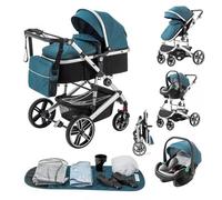 Zkiprm Poussette 3 en 1, Système de Voyage Avec Siège Auto, Landau et nacelle, Poignées Réglables en hauteur, Moustiquaire, Habillage pluie, Poussette Grande Capacité Avec Châssis en Aluminium, Bleu