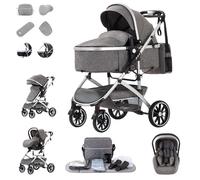 Zkiprm Poussette combinée 3 en 1, système de voyage avec coque bébé, jusqu'à 22 kg, pliable, cadre en aluminium, moustiquaire, housse de pluie, sac pour maman inclus, gris de 0 à 4 ans