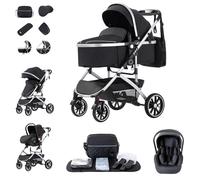 Zkiprm Poussette combinée 3 en 1 - Système de voyage avec coque bébé - Jusqu'à 22 kg - Pliable - Cadre en aluminium - Moustiquaire - Housse de pluie - Sac pour maman inclus - 0-4 ans - Noir