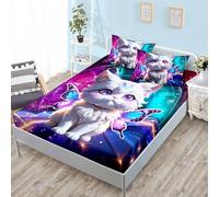 ZKTCYC Drap Housse 160 x 200 Bonnet 30 cm Chat de Dessin Animé Housse Matelas 160x200 Enfant Garçon Fille Protege Matelas en Microfibre avec Taie d'oreiller 65x65 cm