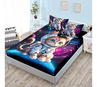 ZKTCYC Drap Housse 180x200 Enfant Chat Astronaute Protege Matelas 180x200 Enfant Garçon Fille Housse Matelas Bonnet 30 cm en Microfibre avec Taie d'oreiller 65x65 cm