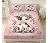 ZKTCYC Rose Fille Drap Housse 90x190 Bonnet 30 cm Fleurs Vache Mignonne Housse Matelas 90x190 Enfant Garçon Fille Protege Matelas en Microfibre avec Taie d'oreiller 65x65 cm