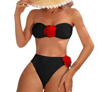 Zktfyshk Ensemble de maillots de bain bandeau imprimé tropical sans bretelles, maillot de bain coupe haute, appliques florales, maillots de bain pour femmes, sans manches, taille haute, deux pièces