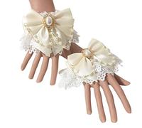 Zktfyshk Gants chauds, Sweet Hand Wrist Cuffs Floral Lace Bow Pearl Chain Bracelet Bracelet, beige, Length: 11cm
