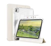 ZKTUYU Étui hybride pour iPad Pro 13" 7ème génération M4 2024 avec porte-stylo, support à trois volets, coque magnétique amovible/couvercle arrière transparent (blanc crème)