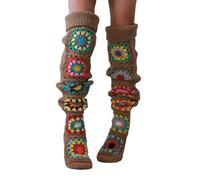 Zkydhbd Chaussettes montantes en crochet vintage au-dessus du genou pour femme - Jambières d'hiver chaudes - Cadeaux d'hiver pour femme - Jambières en tricot sans pieds, café, Taille unique