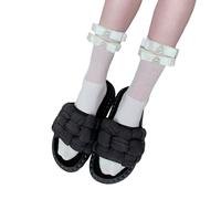Zkydhbd Chaussettes tendance et élégantes en maille de coton au-dessus du mollet pour femme - Doubles perles - Nœud côtelé - Couleur unie - Tube central en maille de coton, Blanc laiteux, Taille