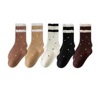 Zkydhbd Lot de 5 paires de chaussettes tubulaires moyennes pour filles Woith Bowknot Décors Coton Confortable Bordure en dentelle douce pour déguisement et fêtes, Couleur marron avec pois, XL