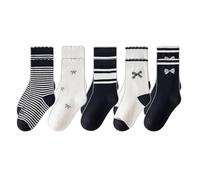 Zkydhbd Lot de 5 paires de chaussettes tubulaires moyennes pour filles Woith Bowknot Décors Coton Confortable Bordure en dentelle douce pour déguisement et fêtes, Stri noir et blanc, XL