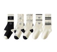 Zkydhbd Lot de 5 paires de chaussettes tubulaires moyennes pour filles Woith Bowknot Décors Coton Confortable Bordure en dentelle douce pour déguisement et fêtes, Noir et blanc Smil, XL