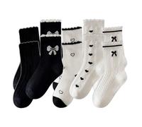 Zkydhbd Lot de 5 paires de chaussettes tubulaires moyennes pour filles Woith Bowknot Décors Coton Confortable Bordure en dentelle douce pour déguisement et fêtes, amour noir et blanc, XL