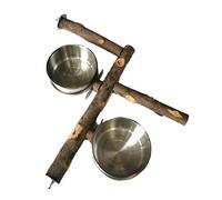 Zkydhbd Perchoir à oiseaux en bois naturel avec tasses d'alimentation en acier inoxydable pour perroquet grimpant - Jouet de meulage - Accessoires pour cage à perroquet - Support en bois naturel avec