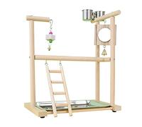 Zkydhbd Perchoir pour oiseaux - Jouet à mâcher pour perroquets et perruches - Accessoire de support en acier inoxydable - Perchoir en bois naturel avec bols - Grand pour perruches et calopsittes