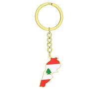 Zkydhbd Porte-clés drapeau carte du Liban en acier - Carte de pays - Géographie - Accessoires de voiture - Accessoires de sac à dos - Bijoux pour homme - Drapeau du Liban, doré, taille unique