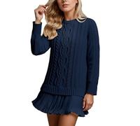 Zkydhbd Robe chandail en tricot torsadé doux pour femme avec col rond élégant, manches longues, robe trapèze pour tenue décontractée, col rond, robe chandail courte plissée à volants, bleu marine, XXL