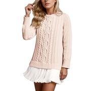 Zkydhbd Robe chandail en tricot torsadé doux pour femme avec col rond élégant, manches longues, robe trapèze pour tenue décontractée, col rond, robe chandail courte plissée à volants, beige, M