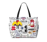 zkyfll Grand sac de plage imperméable avec imprimé « I Love London » pour femme, sac fourre-tout pour voyage, vacances, sac de voyage amusant, noir, taille unique