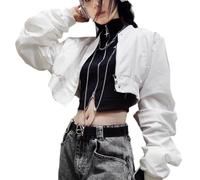 ZKYUCH Blouson Aviateur Court pour Femme - Manches Froncées Surdimensionnées en Simili Cuir/Veste Courte Blanche Style Streetwear,Couleur2,S 43-50KG