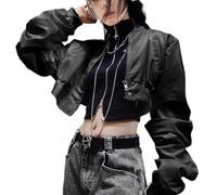 ZKYUCH Blouson Aviateur Court pour Femme - Manches Froncées Surdimensionnées en Simili Cuir/Veste Courte Blanche Style Streetwear,Couleur1,S 43-50KG