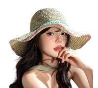 ZKYUCH Chapeau De Soleil À Large Bord en Crochet pour Femmes, avec Garniture À Pompons, Chapeau Seau en Paille Respirant pour Les Voyages D'été À La Plage,Couleur1