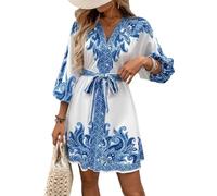 ZKYUCH Mini Robe Imprimée Bohème pour Femmes, Col en V, Manches 3/4, Cravate À La Taille, Robe Décontractée D'été,Couleur1,S