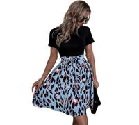 ZKYUCH Mini Robe Trapèze Imprimée Léopard pour Femmes, Robe D'été Décontractée À Col Rond, Manches Courtes, Cravate À La Taille,Couleur1,L