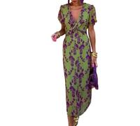 ZKYUCH Robe Imprimée Florale Plissée pour Femmes Été Élégante Robe Longue Luxe Élégante Manche Courte en V V,Couleur 1,XXL