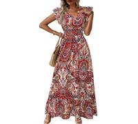 ZKYUCH Robe Longue Bohème Imprimée Paisley pour Femmes, Col en V, Manches À Volants, Taille Smockée, Robe D'été Fluide, Robe Longue De Plage Décontractée,Couleur1,M